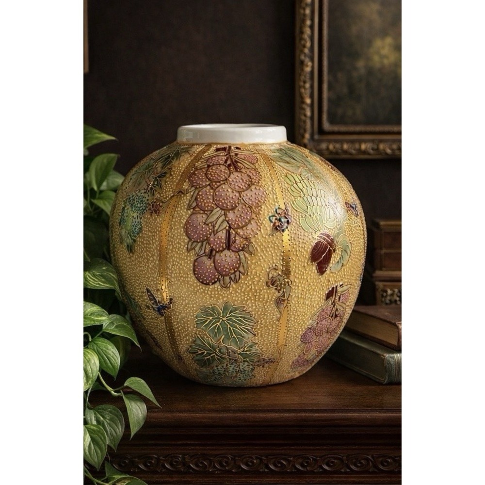 Lg  Raised Enamel Asian Style Vase Butterfly Floral Gold‎ Moriage Textured Decor